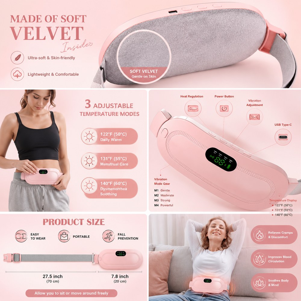 Mini Miracle Cordless Heat & Massage Relief Belt &ndash; Soft velvet detail and modes